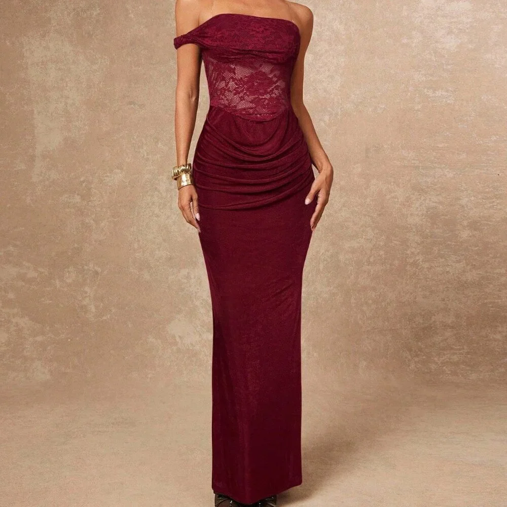 Burgundy Party Women's Lace Draped Asymmetric One Shoulder Bodycon Dress